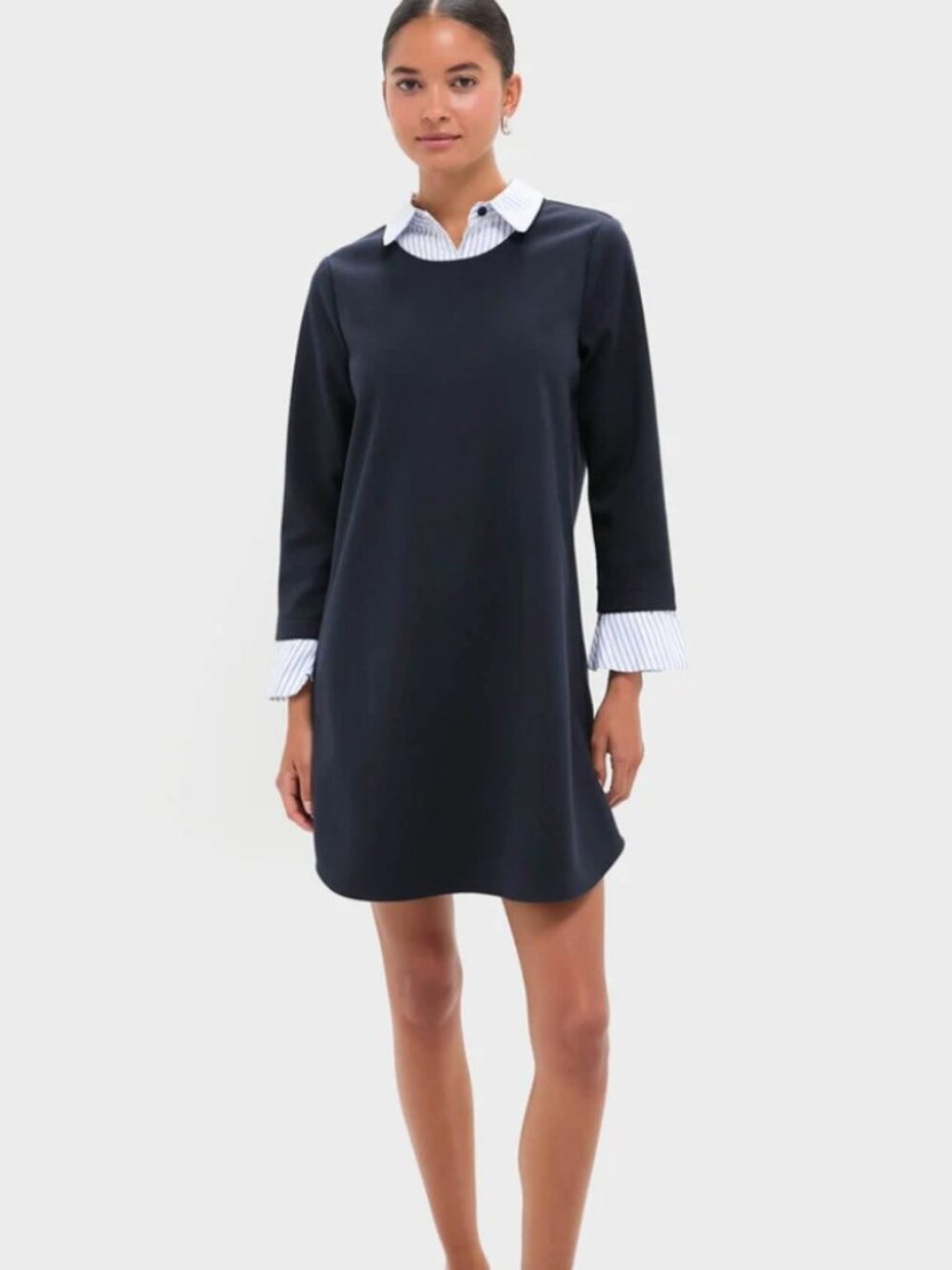 Talbots. X. Navy Shift Dress with Blue-White Striped Collar Ponte Stretch